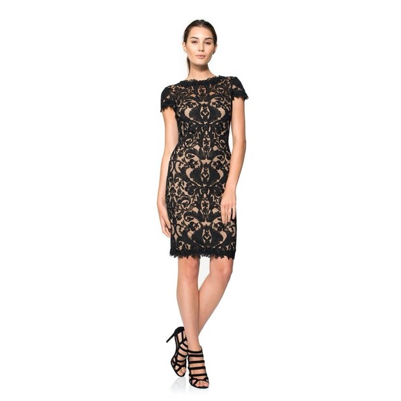 Tadashi Shoji Size 12  Black Lace Cocktail Dress Cap Sleeve Embroidered Tulle - Picture 14 of 14